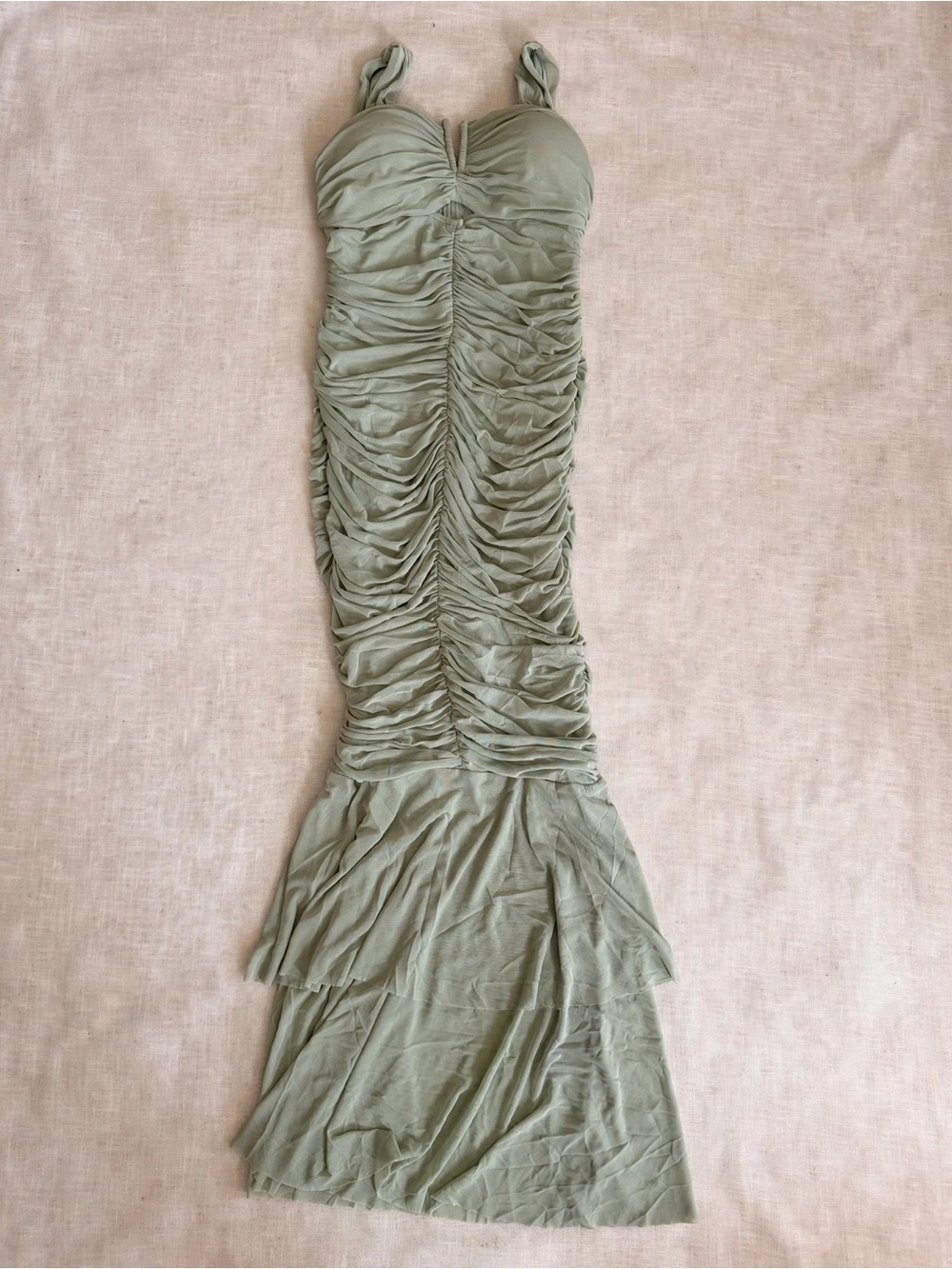 Charme Sage Green Ruched Mesh Mermaid Maxi Dress (Small Imperfection)